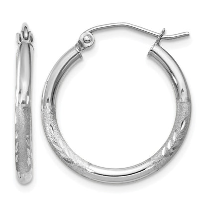 14k Gold Satin and Diamond-cut 2mm Round Tube Hoop Earrings L-20 mm, W-20 mm