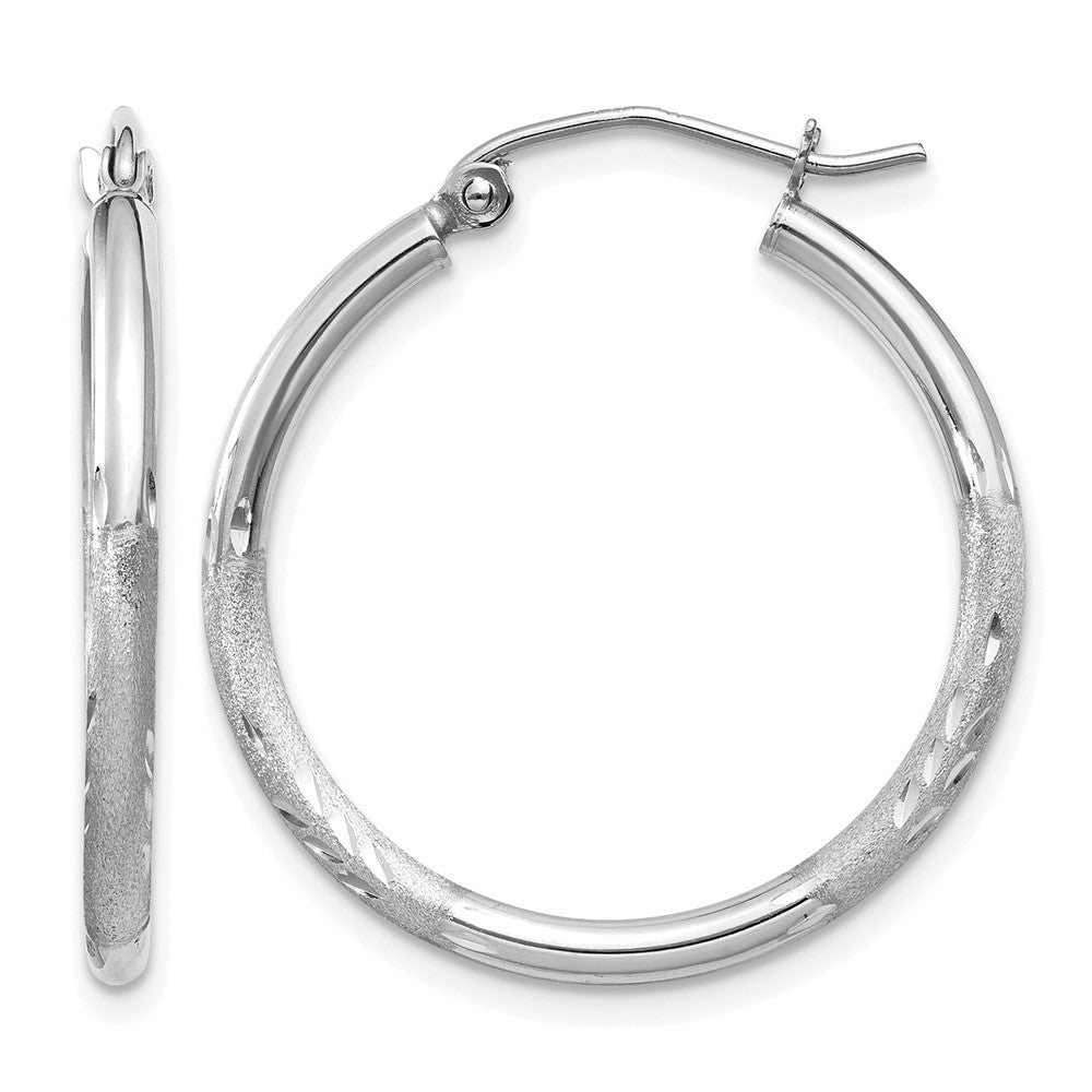 14k Gold Satin and Diamond-cut 2mm Round Tube Hoop Earrings L-25 mm, W-25 mm