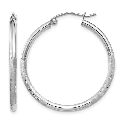 14k Gold Satin and Diamond-cut 2mm Round Tube Hoop Earrings L-30 mm, W-30 mm