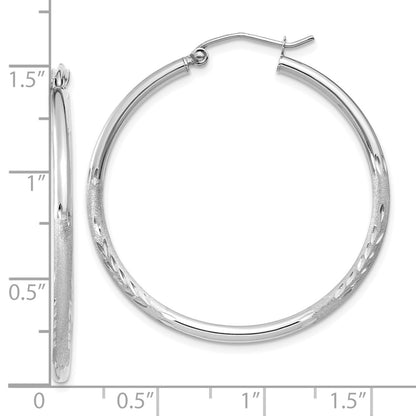 14k White Gold Satin and Diamond-Cut 2mm Round Hoop Earrings
