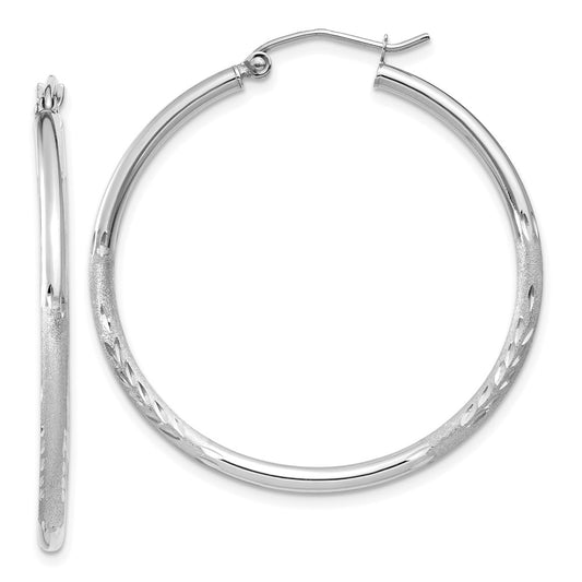 14k White Gold Satin and Diamond-Cut 2mm Round Hoop Earrings