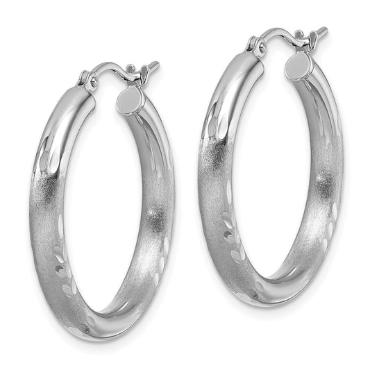 14k White Gold Satin and Diamond-Cut 3mm Round Hoop Earrings