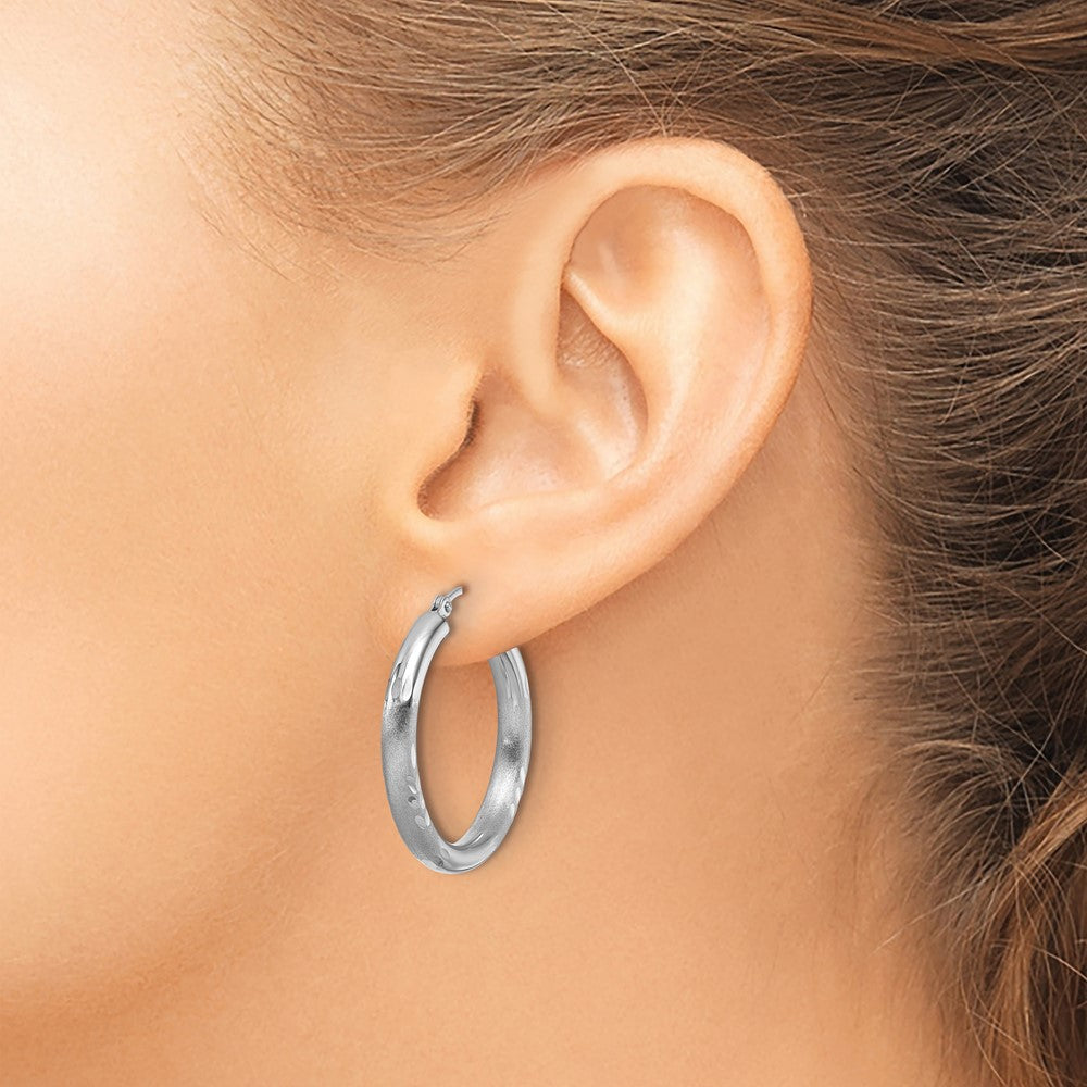14k White Gold Satin and Diamond-Cut 3mm Round Hoop Earrings
