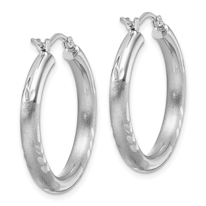 14k White Gold Satin and Diamond-Cut 3mm Round Hoop Earrings