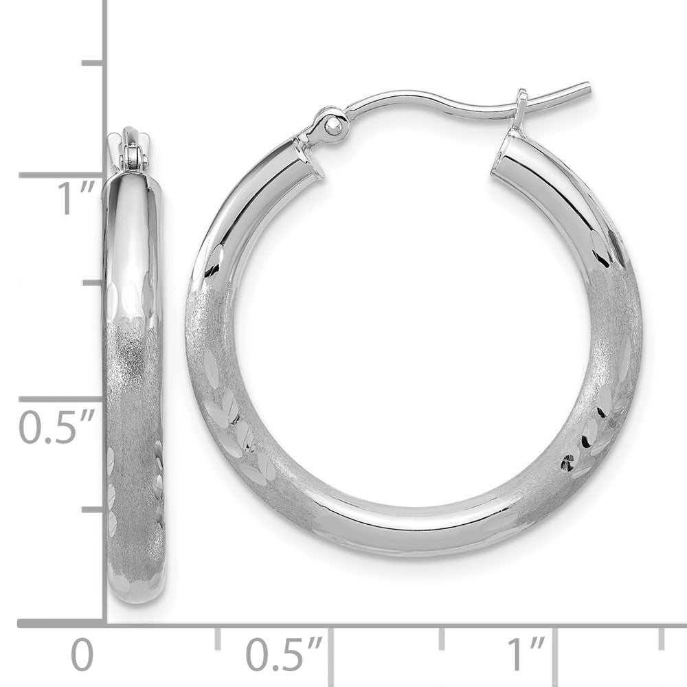 14k White Gold Satin and Diamond-Cut 3mm Round Hoop Earrings