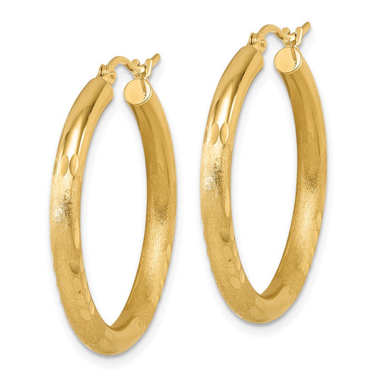 14k Yellow Gold Satin and Diamond-Cut 3mm Round Hoop Earrings