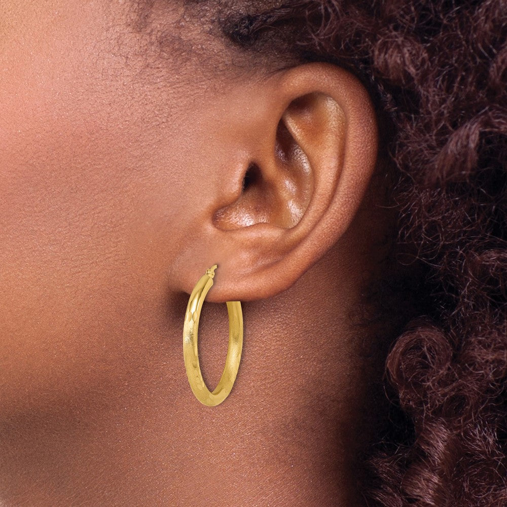 14k Yellow Gold Satin and Diamond-Cut 3mm Round Hoop Earrings