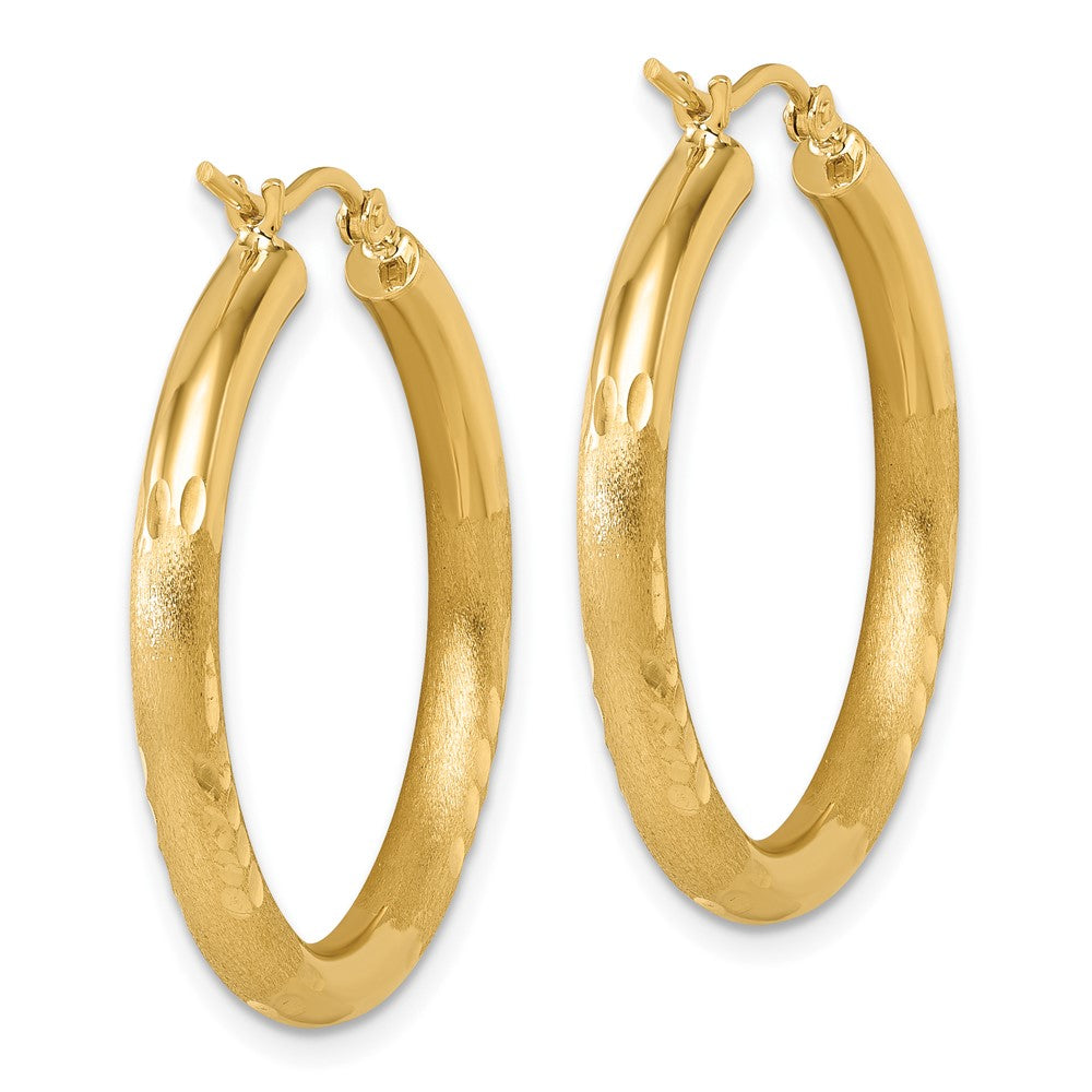 14k Yellow Gold Satin and Diamond-Cut 3mm Round Hoop Earrings
