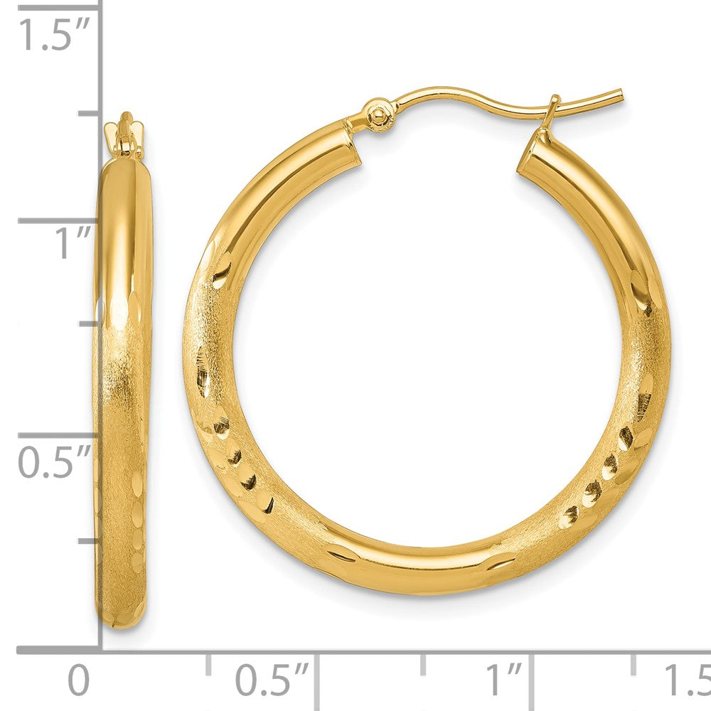 14k Yellow Gold Satin and Diamond-Cut 3mm Round Hoop Earrings