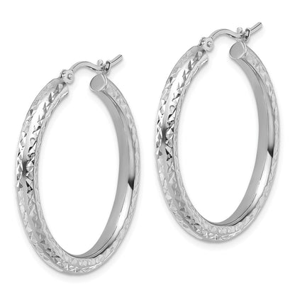 14k White Gold Diamond-cut 3mm Round Hoop Earrings