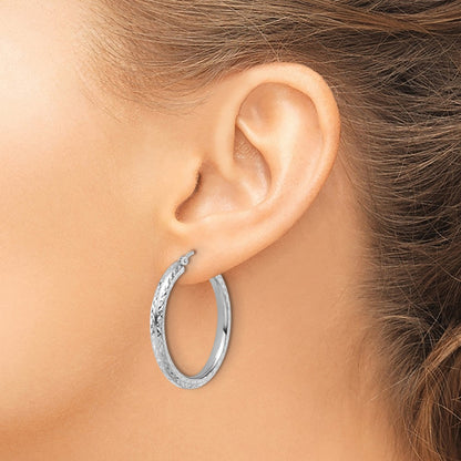 14k White Gold Diamond-cut 3mm Round Hoop Earrings