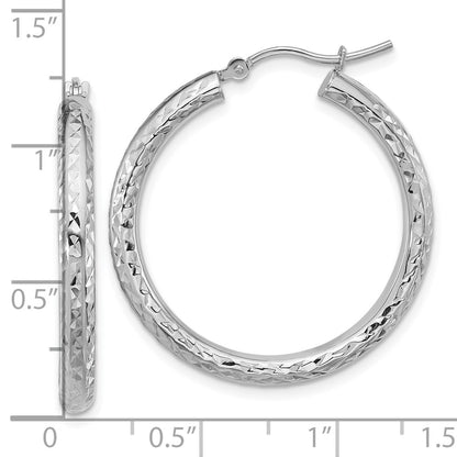 14k White Gold Diamond-cut 3mm Round Hoop Earrings
