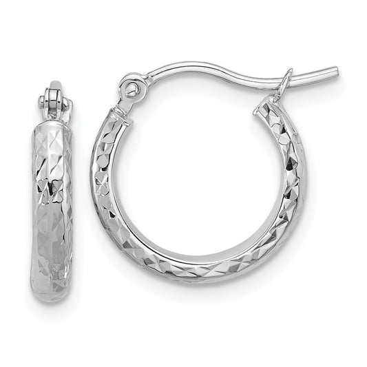 14k White Gold Diamond-Cut 2.8x15mm Hollow Hoop Earrings