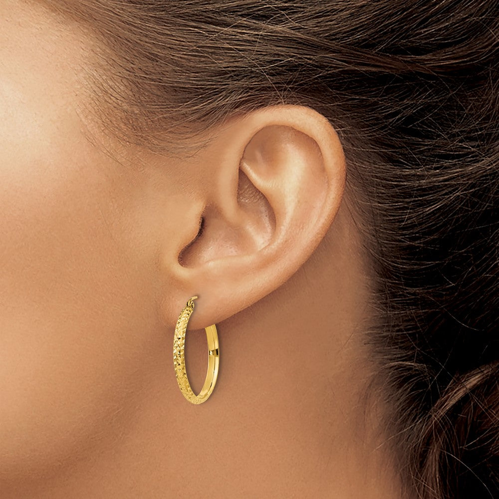 14k Yellow Gold Diamond-Cut 2.8x25mm Hollow Hoop Earrings