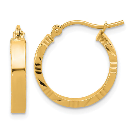 14k Yellow Gold Small 3mm Diamond-Cut Edge Polished Hoop Earrings