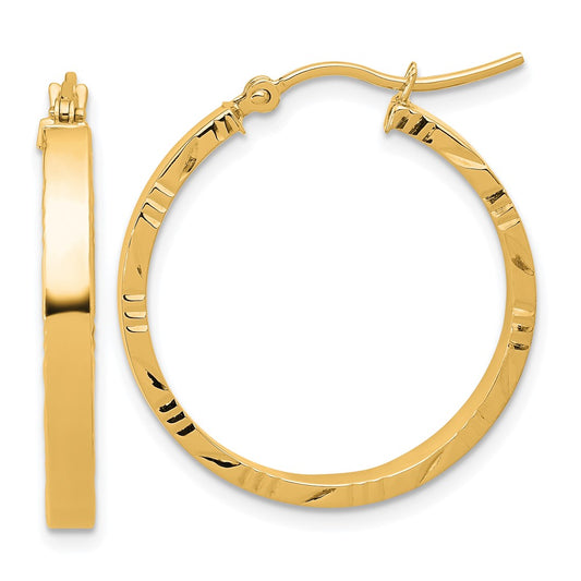 14k Yellow Gold Diamond-Cut Edge Medium 3mm Polished Hoop Earrings