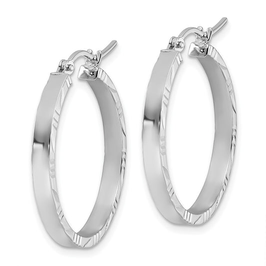 14k White Gold Diamond-Cut Edge Medium 3mm Polished Hoop Earrings