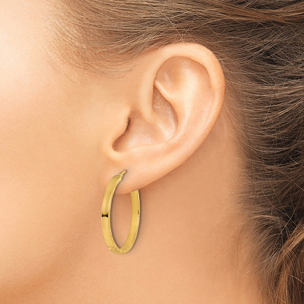 14k Yellow Gold Diamond-Cut Edge Large 3mm Polished Hoop Earrings