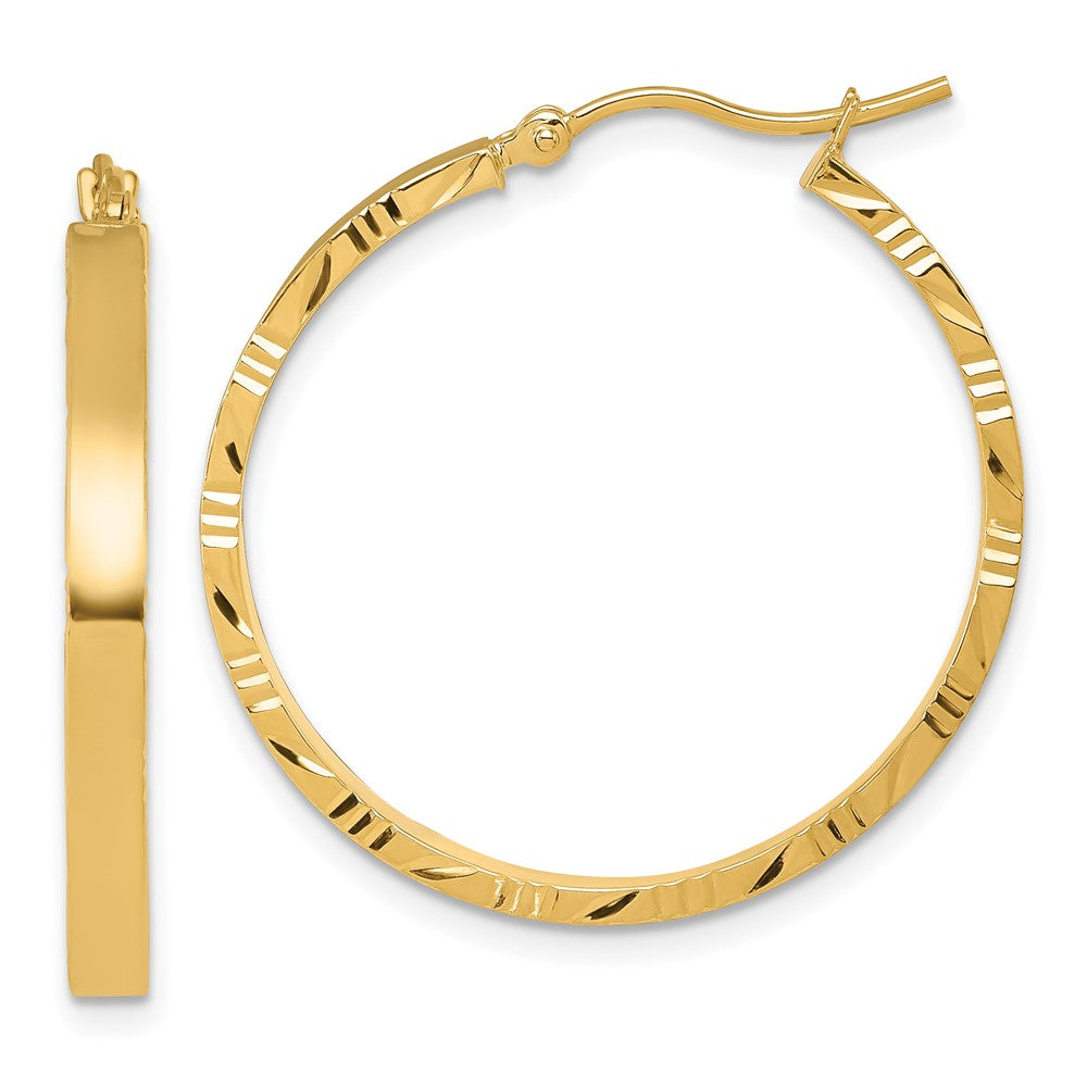 14k Yellow Gold Diamond-Cut Edge Large 3mm Polished Hoop Earrings