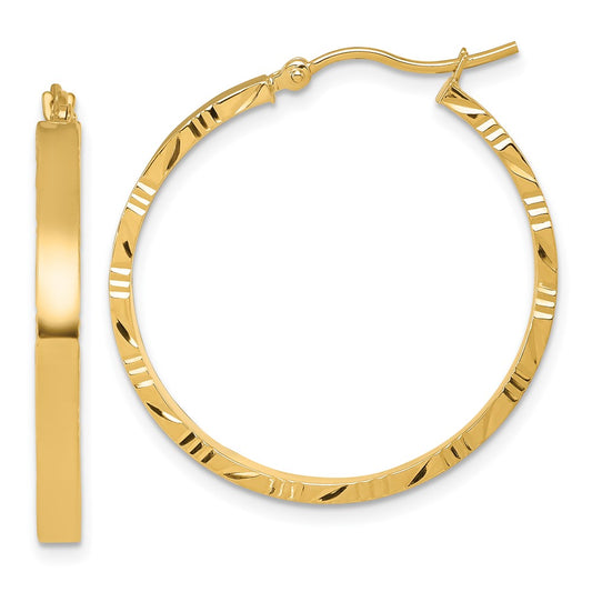 14k Yellow Gold Diamond-Cut Edge Large 3mm Polished Hoop Earrings