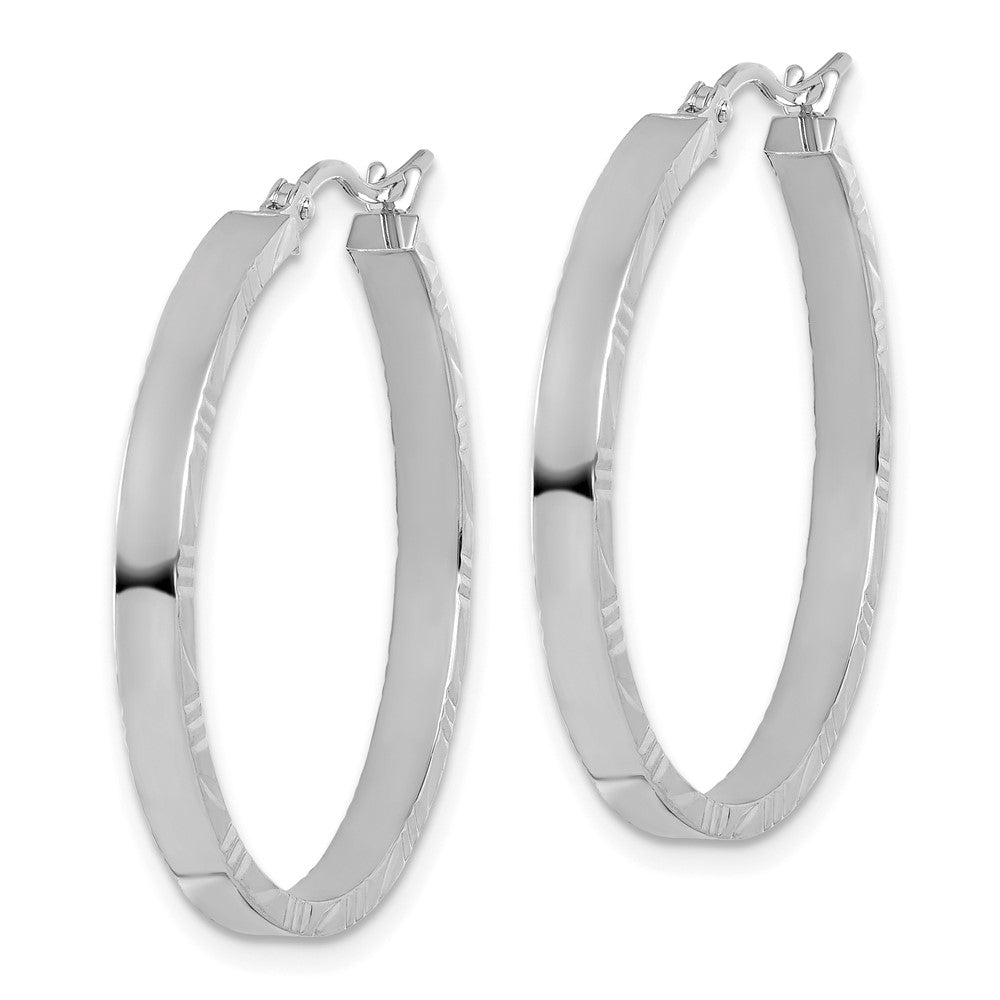 14k White Gold Diamond-Cut Edge Large 3mm Polished Hoop Earrings