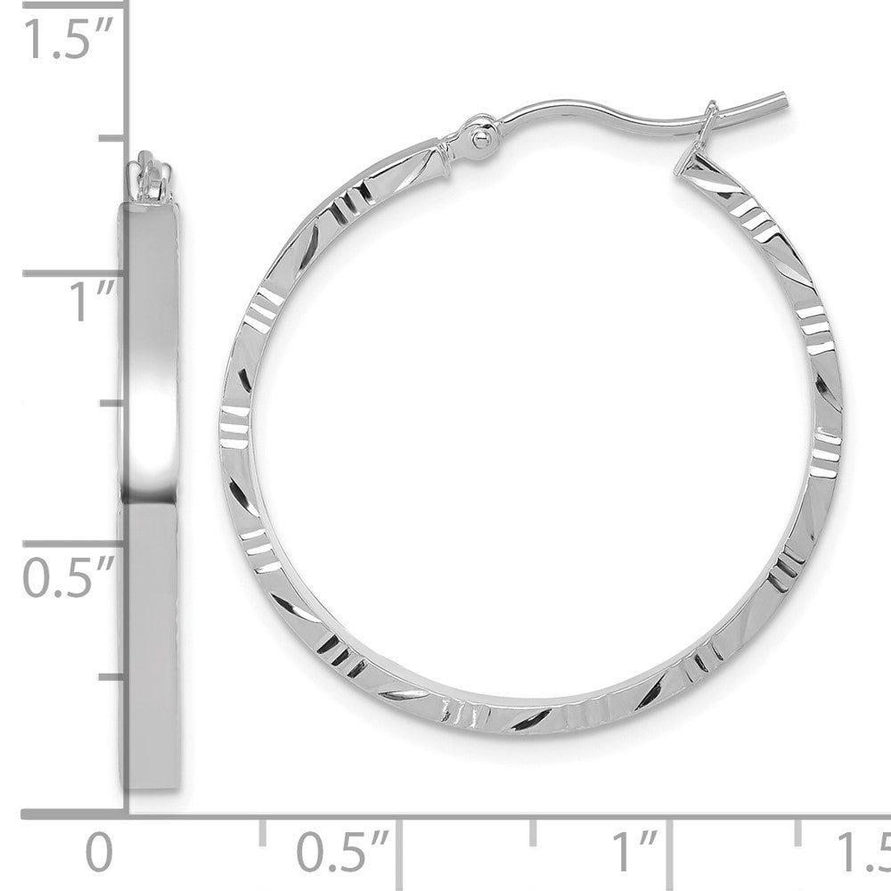 14k White Gold Diamond-Cut Edge Large 3mm Polished Hoop Earrings