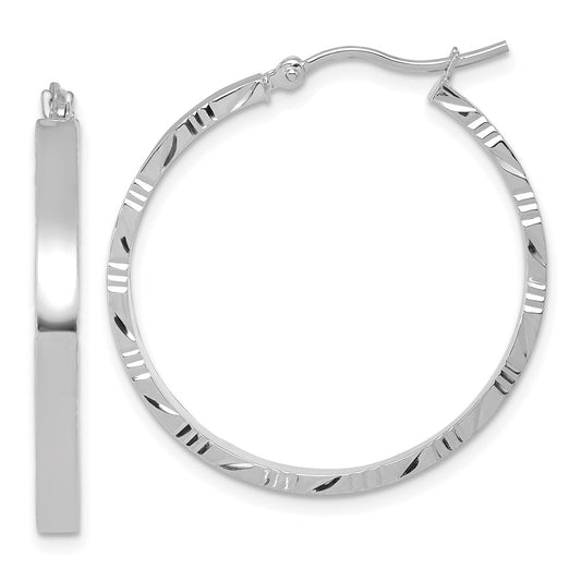 14k White Gold Diamond-Cut Edge Large 3mm Polished Hoop Earrings