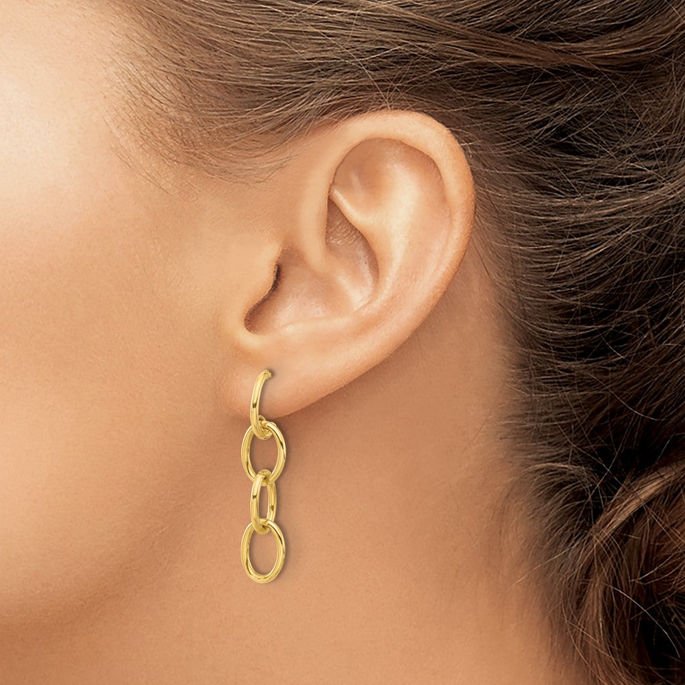 14k Yellow Gold Polished Triple Circle Link Dangle Earrings
