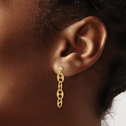 14k Yellow Gold Polished and Textured Fancy Link Dangle Earrings