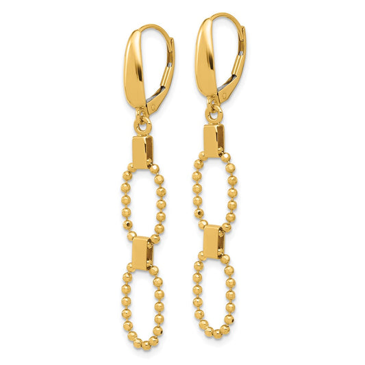 14k Yellow Gold Polished Diamond-Cut Beaded Link Dangle Leverback Dangle Earrings