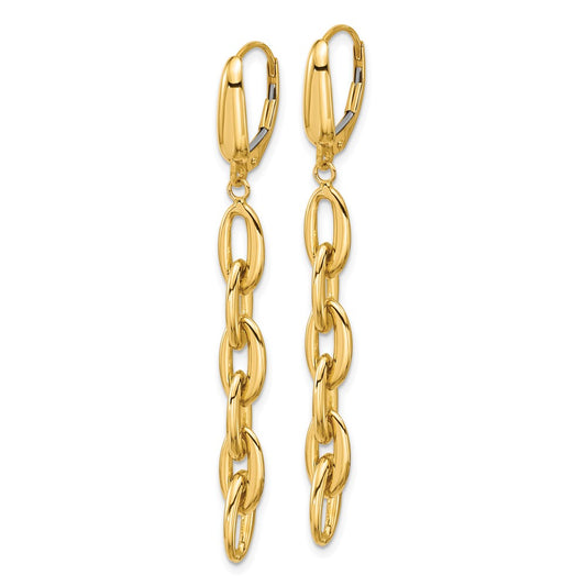 14k Yellow Gold Polished Fancy Oval Link Leverback Dangle Earrings