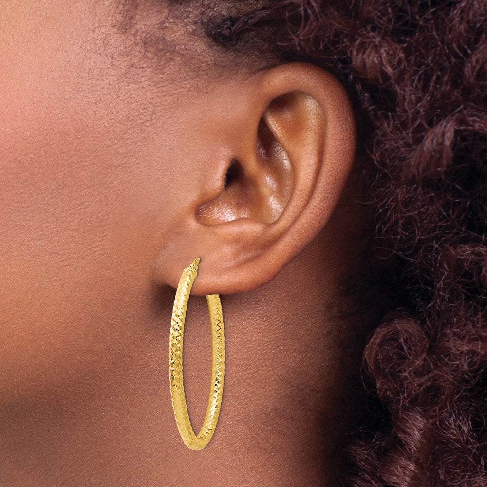 14k Yellow Gold ForeverLite Polished and Textured Oval Hoop Earrings