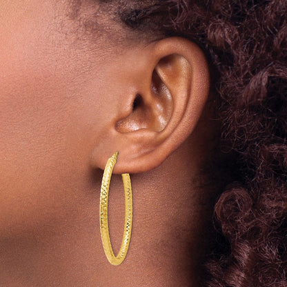 14k Yellow Gold ForeverLite Polished and Textured Oval Hoop Earrings