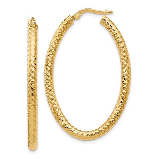 14k Yellow Gold ForeverLite Polished and Textured Oval Hoop Earrings