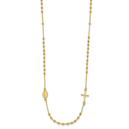 14k Yellow Gold Polished Sideways Cross Beaded Rosary Style Necklace 16.5"