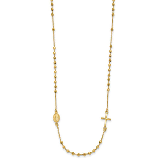 14k Yellow Gold Polished Sideways Cross Beaded Rosary Style Necklace 16.5"