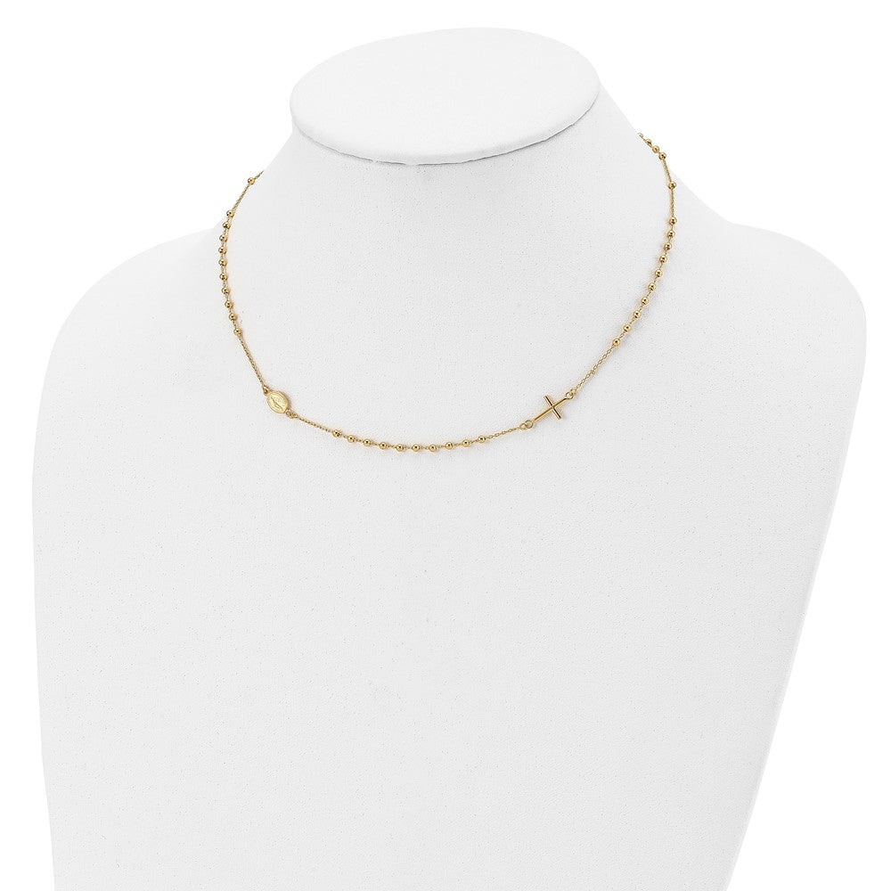 14k Yellow Gold Polished Sideways Cross Beaded Rosary Style Necklace 16.5"