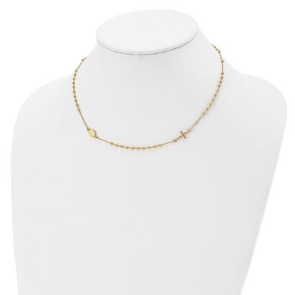 14k Yellow Gold Polished Sideways Cross Beaded Rosary Style Necklace 16.5"