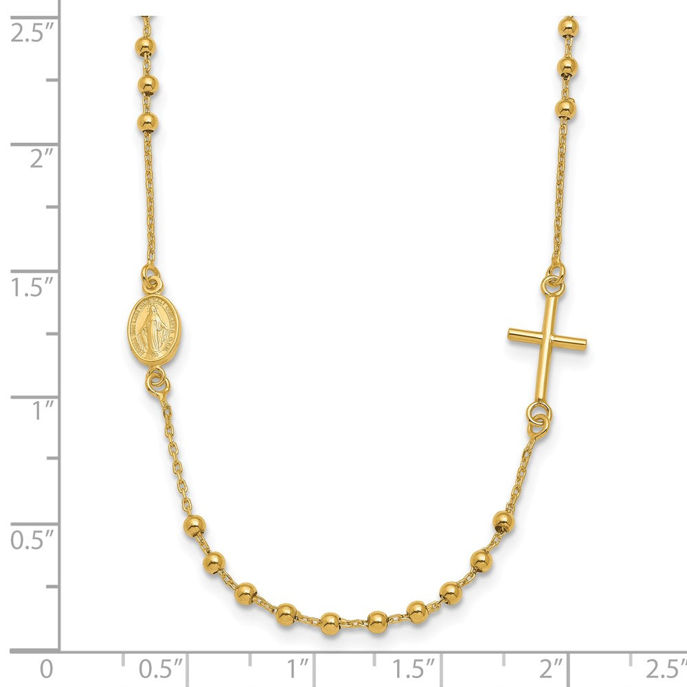 14k Yellow Gold Polished Sideways Cross Beaded Rosary Style Necklace 16.5"