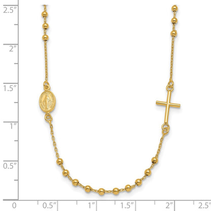 14k Yellow Gold Polished Sideways Cross Beaded Rosary Style Necklace 16.5"