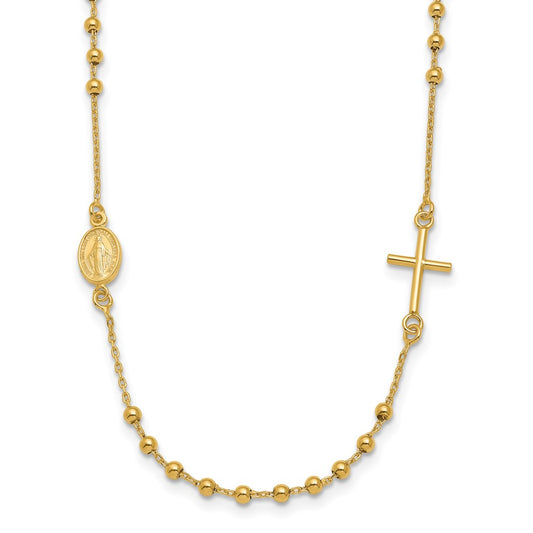 14k Yellow Gold Polished Sideways Cross Beaded Rosary Style Necklace 16.5"