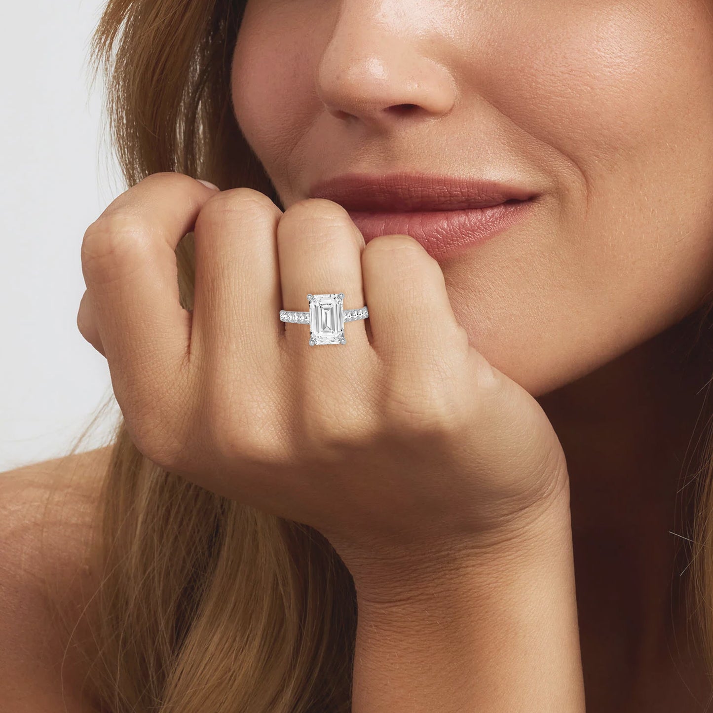 0.75 Carat To 5 Carat Emerald Shape Lab Grown Diamond 14k White Gold Cathedral Solitaire Engagement Ring (D-F Color and VS Clarity)