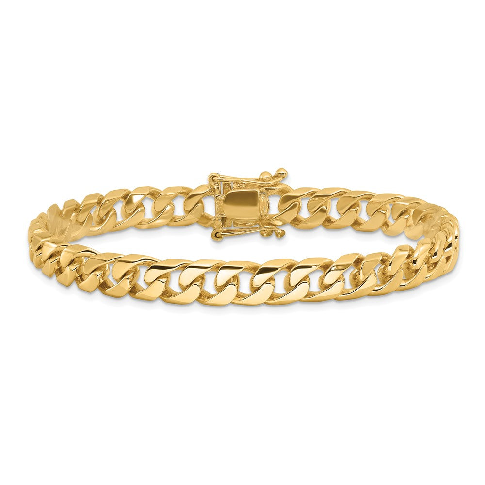 14k Yellow Gold 7.5mm Hand Polished Flat Beveled Curb Link Bracelet 9" with Box Catch Clasp