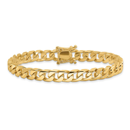 14k Yellow Gold 7.5mm Hand Polished Flat Beveled Curb Link Bracelet 9" with Box Catch Clasp