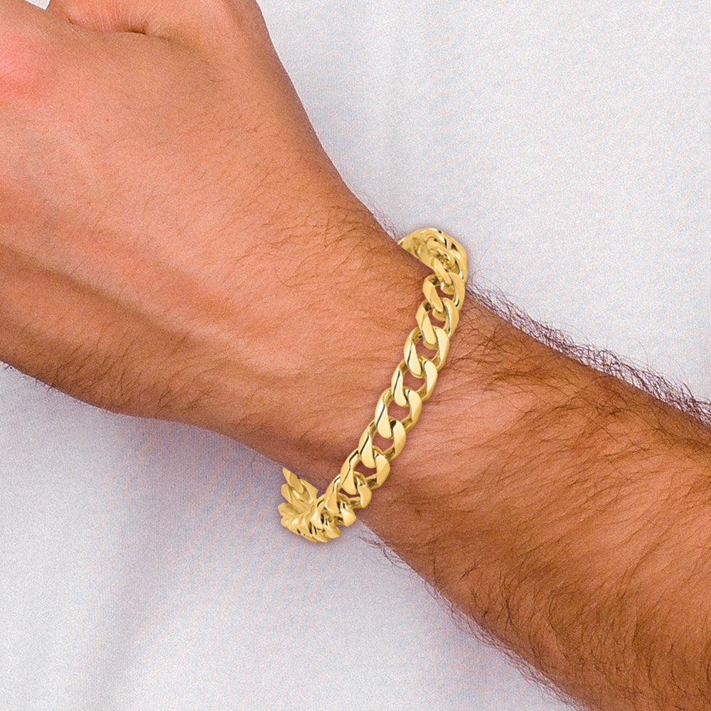 14k Yellow Gold 9.7mm Hand Polished Flat Beveled Curb Link Bracelet 9" with Box Catch Clasp