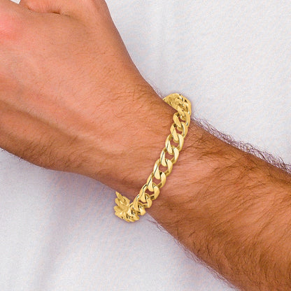 14k Yellow Gold 9.7mm Hand Polished Flat Beveled Curb Link Bracelet 9" with Box Catch Clasp