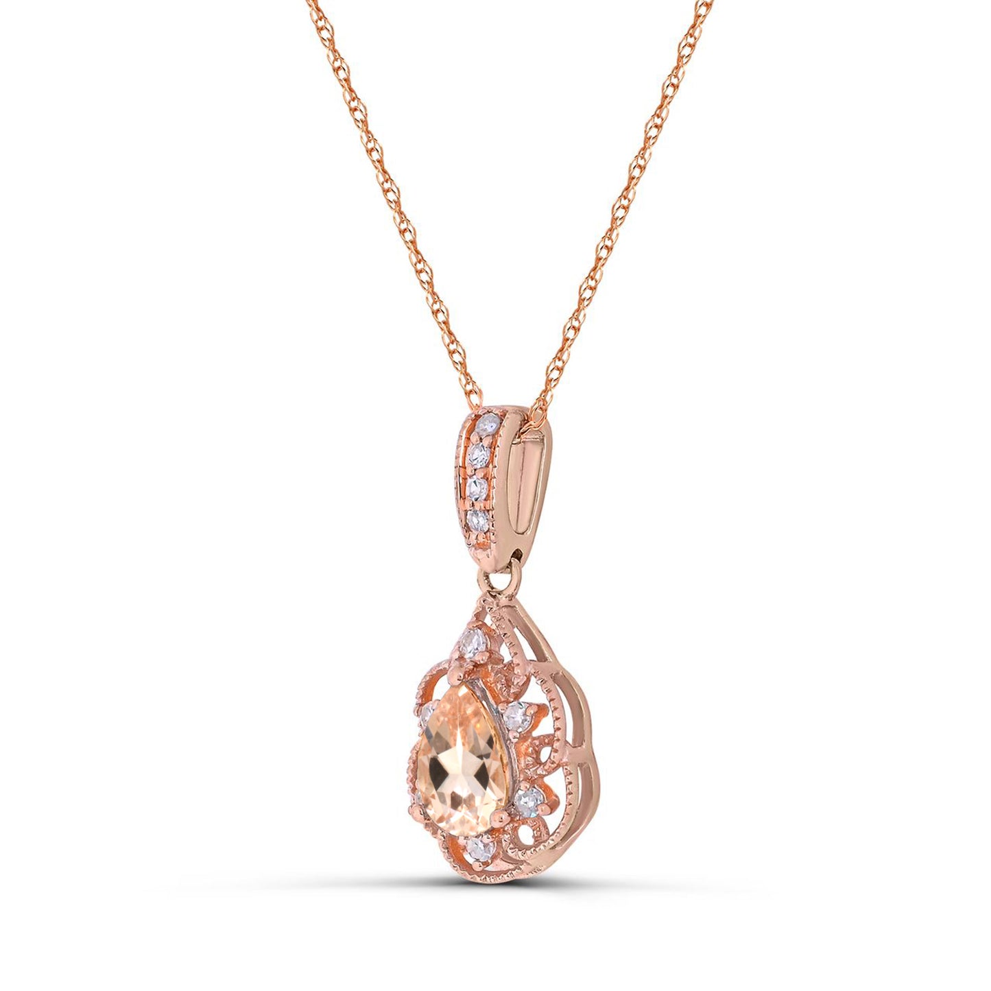 10K Rose Gold Morganite and Diamond Pendant Necklace 18"