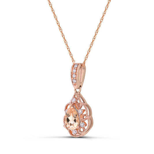10K Rose Gold Morganite and Diamond Pendant Necklace 18"