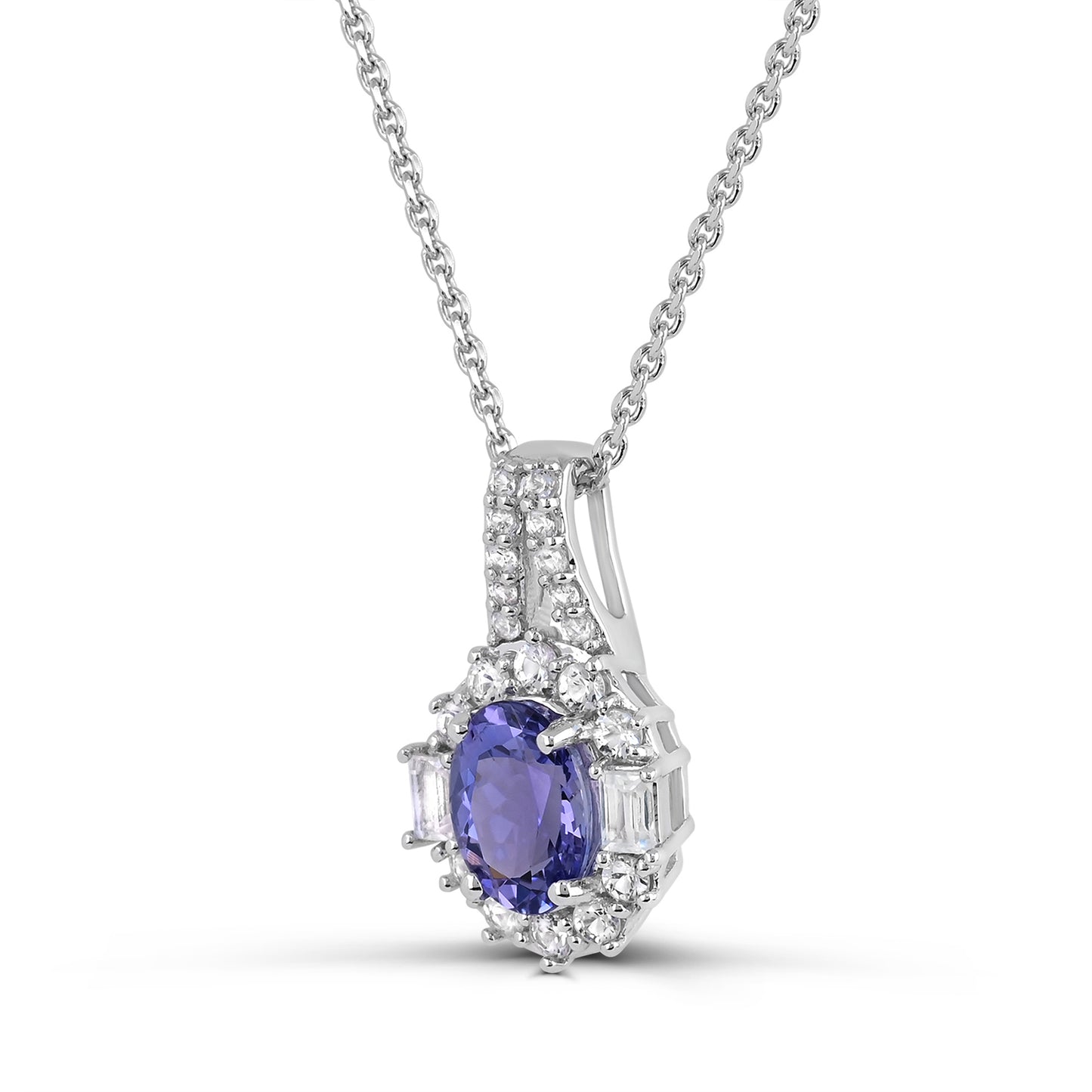10K White Gold Tanzanite with White Zircon Pendant Necklace 18"