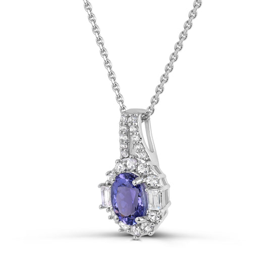 10K White Gold Tanzanite with White Zircon Pendant Necklace 18"